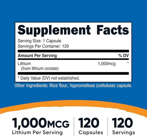 Nutricost Lithium Orotate (1,000mcg) 120 كبسولة - نباتية، خالية من الغلوتين، خالية من الكائنات المعدلة وراثيًا in Kuwait