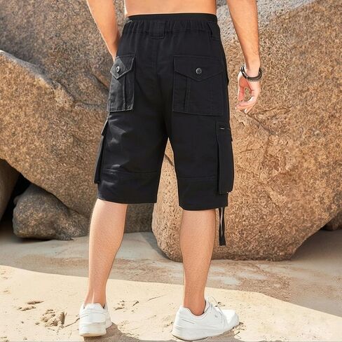 Outdoor Relaxed Cargo Shorts for Men Fit Running Fishing Shorts 8 Pockets Expandable Waist Cotton Hiking Shorts in Kuwait