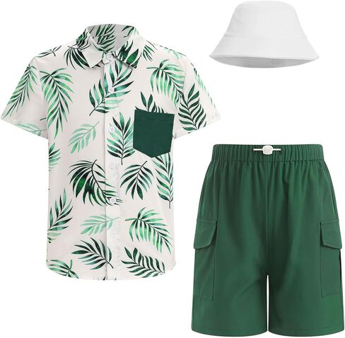 Boys Hawaiian Outfit, 3Pcs Summer Beach Clothes Set Short Sleeve Button Down Shirt+Shorts+Hat Set in Saudi Arabia