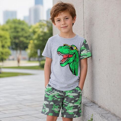 Little Boy Summer Outfits Dinosaur Graphic T-Shirt and Camo Shorts 2Pcs Clothes Set 4-7 Years in Kuwait