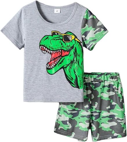 Little Boy Summer Outfits Dinosaur Graphic T-Shirt and Camo Shorts 2Pcs Clothes Set 4-7 Years in Kuwait