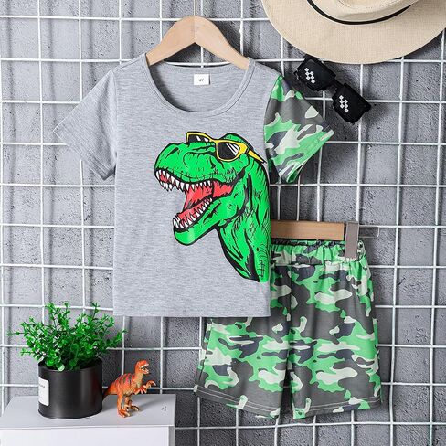 Little Boy Summer Outfits Dinosaur Graphic T-Shirt and Camo Shorts 2Pcs Clothes Set 4-7 Years in Kuwait