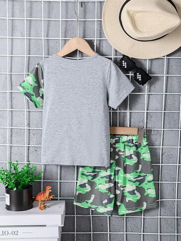 Little Boy Summer Outfits Dinosaur Graphic T-Shirt and Camo Shorts 2Pcs Clothes Set 4-7 Years in Kuwait