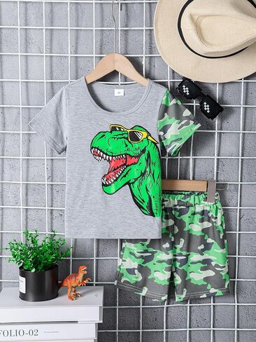 Little Boy Summer Outfits Dinosaur Graphic T-Shirt and Camo Shorts 2Pcs Clothes Set 4-7 Years in Kuwait