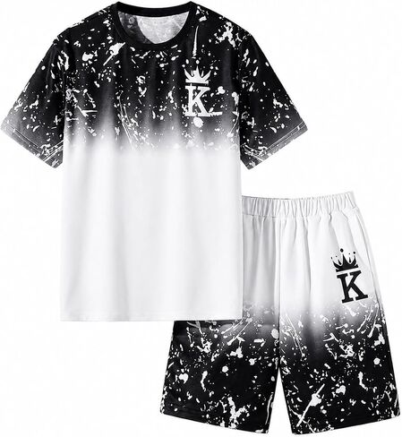 Boys Clothes Tie-Dye Letter Print Top + Casual Shorts 2PC Set Boys Summer Outfit Set for Aged 7-14 in Saudi Arabia