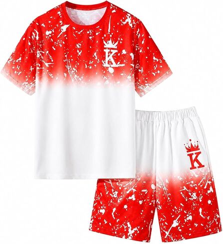 Boys Clothes Tie-Dye Letter Print Top + Casual Shorts 2PC Set Boys Summer Outfit Set for Aged 7-14 in Saudi Arabia