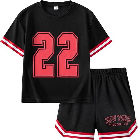 Boys Shorts Sets 2-Piece Outfit Summer Clothes Casual,Sports Top & Mesh Clothes Shorts Size 6-12Years in Kuwait
