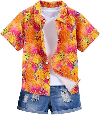 Boys Summer Hawaiian Outfit Set Tropical Print Short Sleeve Button Down Shirt and Faux Denim Ripped Shorts Kids 3-9 in Kuwait