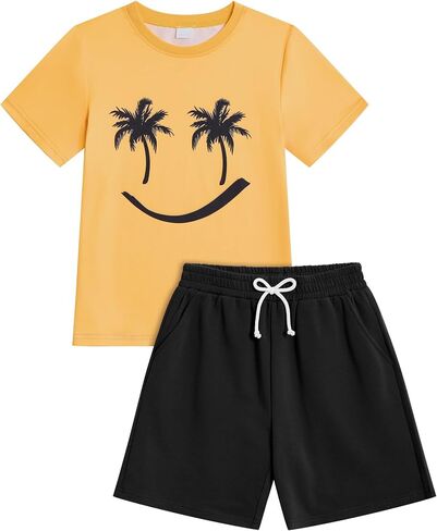 Boys 2 Piece Summer Clothes, Hawaiian Tropical Print Short Sleeve T-Shirt+Shorts Sets in Saudi Arabia