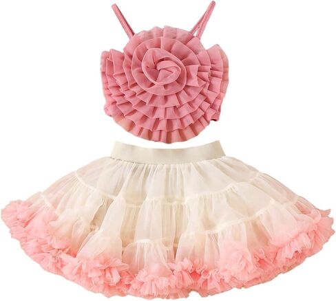 MAKEMECHIC Girl's 2 Piece Summer Outfits 3D Floral Cami Crop Top and Mesh A Line Mini Skirt Matching Set in Kuwait