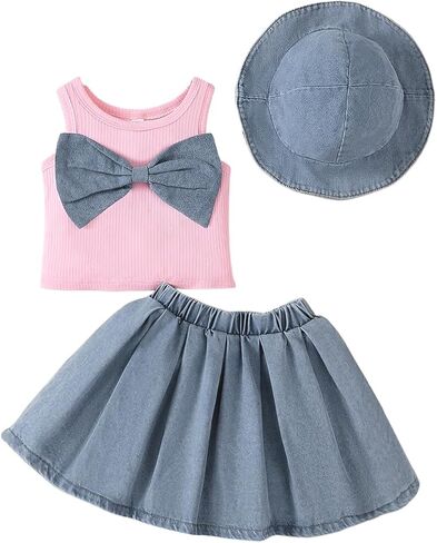 Girls' 3-Piece Bow Set – Pink Ribbed Tank Top & Denim Skirt with Hat for 4-7Y Little Girls Casual & Playwear in Kuwait