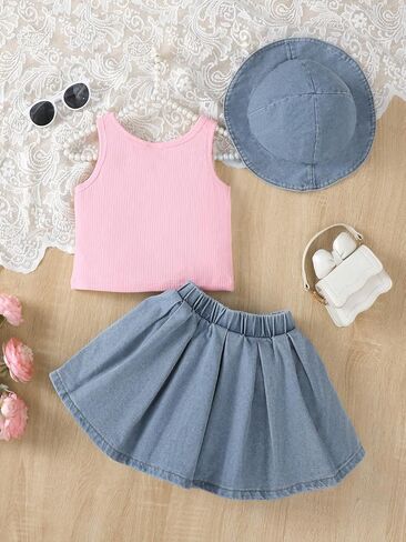 Girls' 3-Piece Bow Set – Pink Ribbed Tank Top & Denim Skirt with Hat for 4-7Y Little Girls Casual & Playwear in Kuwait