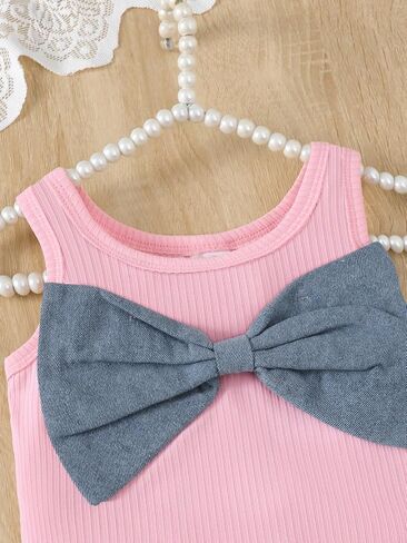 Girls' 3-Piece Bow Set – Pink Ribbed Tank Top & Denim Skirt with Hat for 4-7Y Little Girls Casual & Playwear in Kuwait