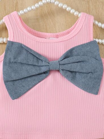 Girls' 3-Piece Bow Set – Pink Ribbed Tank Top & Denim Skirt with Hat for 4-7Y Little Girls Casual & Playwear in Kuwait