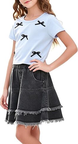 Girls 2-Piece Set Round Neck Bow Short Sleeve T-Shirt Tassel A-Line Jean Skirt Outfits,3T-8Y in Saudi Arabia