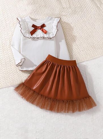 Girls 2-Piece Outfit Set Long Sleeve Ruffle Top Bow Faux Leather Tulle Skirt in Kuwait