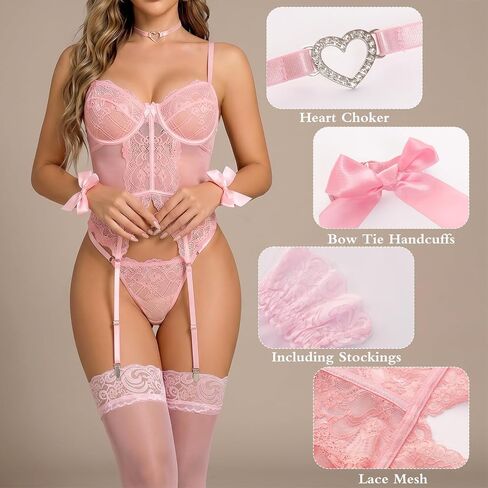 5 Pcs Women Sexy Lingerie Set Floral Lace Bodysuit Role Play Corset Lingerie with Garter Belt Choker and Bow Accents for Date Night Outfits Pink in Saudi Arabia