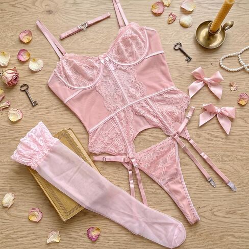5 Pcs Women Sexy Lingerie Set Floral Lace Bodysuit Role Play Corset Lingerie with Garter Belt Choker and Bow Accents for Date Night Outfits Pink in Saudi Arabia