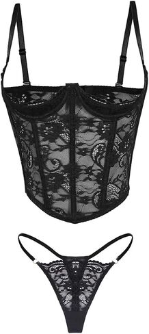 Women's 2-Piece Sheer Lace Push Up Bra and Panty Set, 1/4 Cup Underwire See-Through Lingerie for Date Night in Saudi Arabia