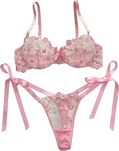 GORGLITTER Women's Tie Side Lingerie Sets Floral Embroidered Sheer Underwire Bra and G String Thong Sets Nightwear in Kuwait