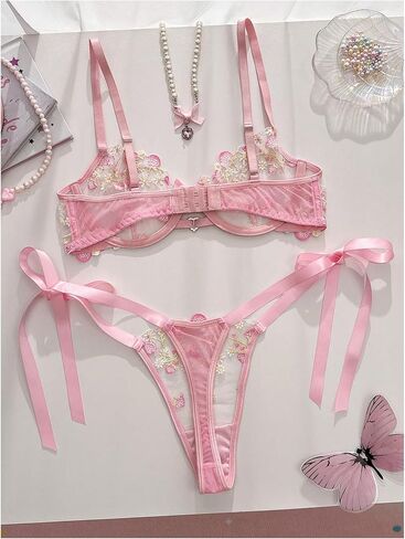 GORGLITTER Women's Tie Side Lingerie Sets Floral Embroidered Sheer Underwire Bra and G String Thong Sets Nightwear in Kuwait