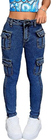 Skinny Jeans for Girls Slim Cargo Jeans Dark Wash Stretch Denim School Pants with Pockets, Kids Fashion Trousers Size 8-16 in Saudi Arabia