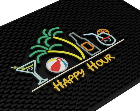 Tiki Bar Decor Happy Hour Mat 18x12 in, Tiki Bar Mats for Countertop with Martini, Beach Ball, Palm Trees, Beer Bottle and Cocktail Design - Outdoor Tiki Bar Mat, Tiki Decor Bar Mats for Bartending in Saudi Arabia