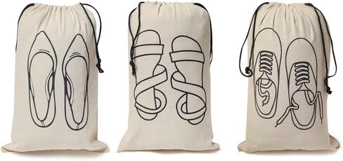 Reusable & Washable Cotton Shoe Bags for Travel, Drawstring Fabric Shoe Storage Covers for Women, Handcrafted Doodle Collection, Organizer for Home & Luggage, Pack of 3 Off-White Women in Kuwait