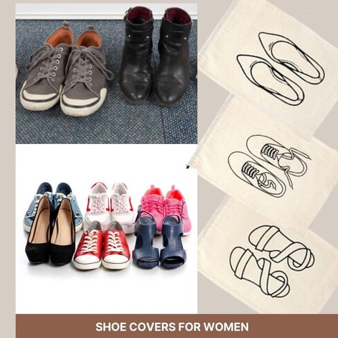 Reusable & Washable Cotton Shoe Bags for Travel, Drawstring Fabric Shoe Storage Covers for Women, Handcrafted Doodle Collection, Organizer for Home & Luggage, Pack of 3 Off-White Women in Kuwait
