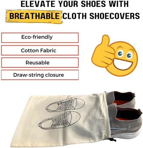 Reusable & Washable Cotton Shoe Bags for Travel, Drawstring Fabric Shoe Storage Covers for Women, Handcrafted Doodle Collection, Organizer for Home & Luggage, Pack of 3 Off-White Women in Kuwait
