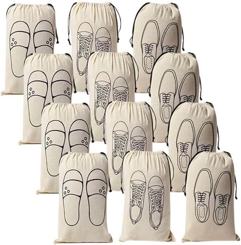 Reusable & Washable Cotton Shoe Bags for Travel, Drawstring Fabric Shoe Storage Covers for Women, Handcrafted Doodle Collection, Organizer for Home & Luggage, Pack of 3 Off-White Women in Kuwait