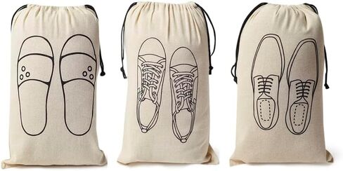 Reusable & Washable Cotton Shoe Bags for Travel, Drawstring Fabric Shoe Storage Covers for Women, Handcrafted Doodle Collection, Organizer for Home & Luggage, Pack of 3 Off-White Women in Kuwait