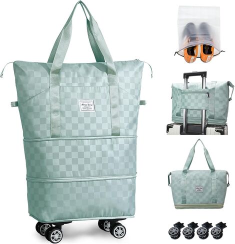 Rolling Duffle Bag with Wheels and Shoe Bag for Travel Expandable Foldable Travel Duffel Bag Carry on Luggage Bag Checkerboard Weekender Bag for Men Women in Saudi Arabia