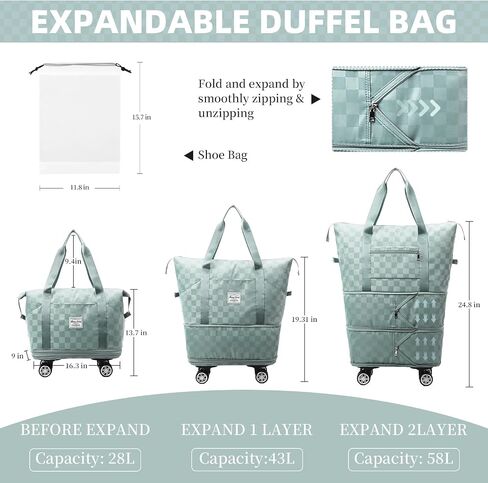 Rolling Duffle Bag with Wheels and Shoe Bag for Travel Expandable Foldable Travel Duffel Bag Carry on Luggage Bag Checkerboard Weekender Bag for Men Women in Saudi Arabia