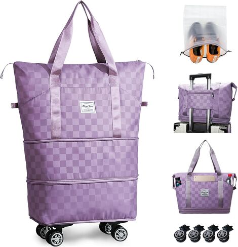 Rolling Duffle Bag with Wheels and Shoe Bag for Travel Expandable Foldable Travel Duffel Bag Carry on Luggage Bag Checkerboard Weekender Bag for Men Women in Saudi Arabia
