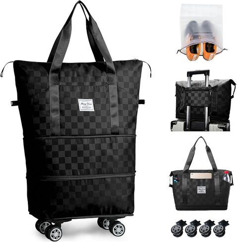 Rolling Duffle Bag with Wheels and Shoe Bag for Travel Expandable Foldable Travel Duffel Bag Carry on Luggage Bag Checkerboard Weekender Bag for Men Women in Saudi Arabia