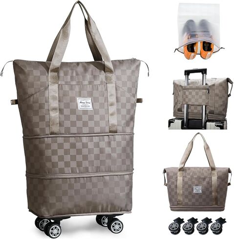 Rolling Duffle Bag with Wheels and Shoe Bag for Travel Expandable Foldable Travel Duffel Bag Carry on Luggage Bag Checkerboard Weekender Bag for Men Women in Saudi Arabia