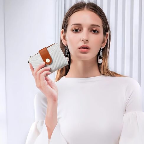 محفظة نسائية صغيرة، محفظة جلدية رفيعة ثنائية الطي للنساء وحامل بطاقات RFID ومحفظة جيب مدمجة للسيدات ومحفظة صغيرة لحقيبة كروس (بيج وبني) in Kuwait