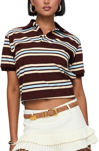Women's Striped Polo Shirts Collared Button V Neck Henley Tops Color Block Short Sleeve T Shirt 90S Vintage Tees in Saudi Arabia