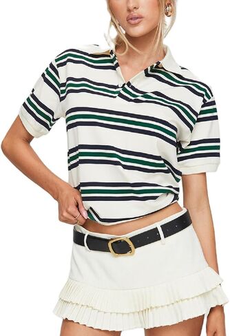 Women's Striped Polo Shirts Collared Button V Neck Henley Tops Color Block Short Sleeve T Shirt 90S Vintage Tees in Saudi Arabia