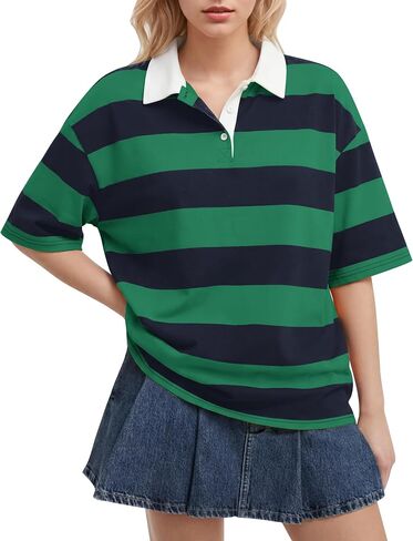 Meladyan Women's Rugby Shirt Striped Polo T-Shirts Oversized Short Sleeve Lapel V Neck Tee Summer Pullover Tops in Saudi Arabia