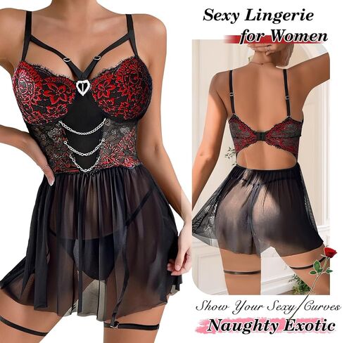 Famstar Sexy Lingerie for Women with Floral Deep V Neck Lace Nightwear Mesh Babydoll Dress in Kuwait