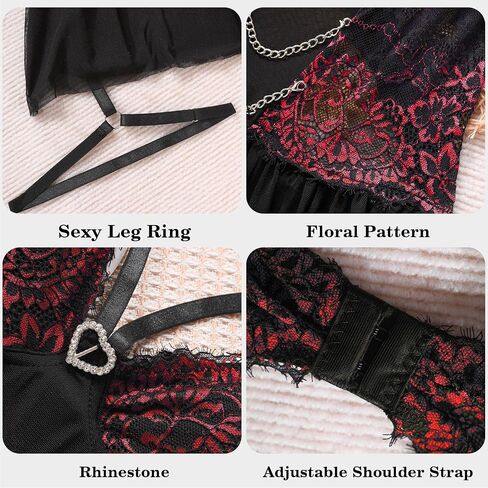 Famstar Sexy Lingerie for Women with Floral Deep V Neck Lace Nightwear Mesh Babydoll Dress in Kuwait