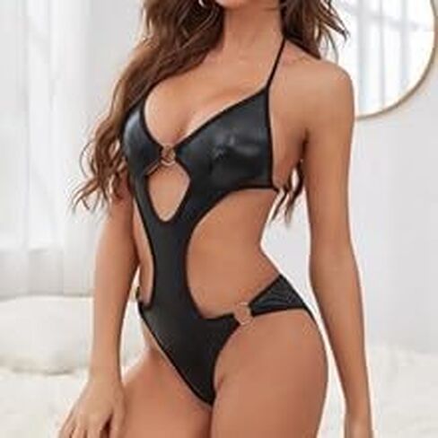 Cut Out One Piece Lingerie Bodysuit Womens Halter Ring Leather Bodycon Babydoll Nightgown Nightclub Bikini Black in Kuwait