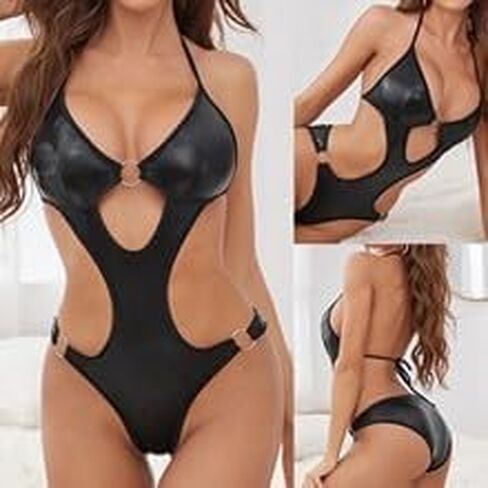 Cut Out One Piece Lingerie Bodysuit Womens Halter Ring Leather Bodycon Babydoll Nightgown Nightclub Bikini Black in Kuwait