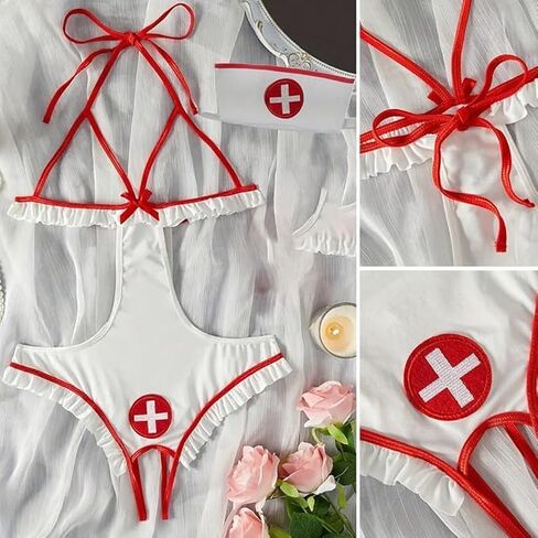Women's Nurse Lingerie Costume - Sexy One Piece See Through Bodysuit, Roleplay Teddy Outfit for Women in Kuwait