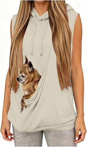 Cat Pouch Hoodie Women Dog Pouch Sleeveless Sweatshirts Pet Carrier Pullover Tops Summer Loose Casual Shirts with Pocket in Kuwait