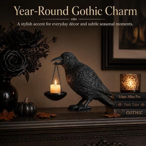 Gothic Crow Lamp with Tealight Candle Holder Raven Statue Halloween Decor Black Bird Decorations Indoor Gothic Home Decor for Living Room Tabletop Shelf Bedroom Unique Goth Witchy Gifts in Kuwait