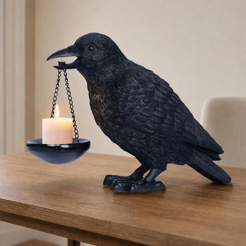 Gothic Crow Lamp with Tealight Candle Holder Raven Statue Halloween Decor Black Bird Decorations Indoor Gothic Home Decor for Living Room Tabletop Shelf Bedroom Unique Goth Witchy Gifts in Kuwait