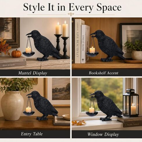 Gothic Crow Lamp with Tealight Candle Holder Raven Statue Halloween Decor Black Bird Decorations Indoor Gothic Home Decor for Living Room Tabletop Shelf Bedroom Unique Goth Witchy Gifts in Kuwait